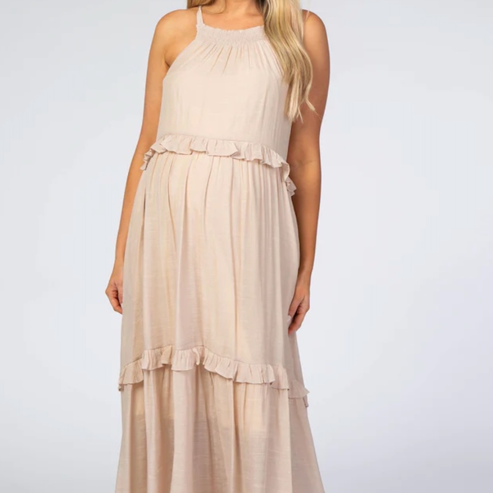 Listicle Beige Halter Neck Ruffle Trim Maternity Maxi Dress Size Small